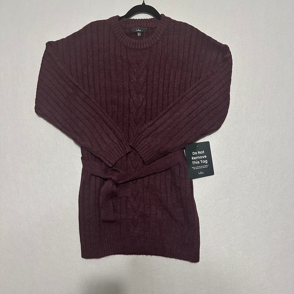 Lulus Burgundy Ribbed Cable Knit Belted Sweater Dress XL Wine Crew Neck Mini